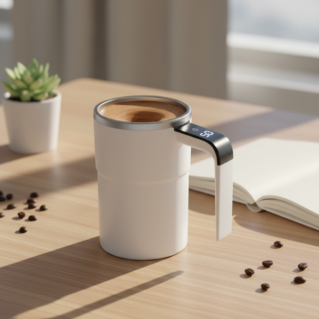 Tasse auto-agitante - mise en scène bureau cosy